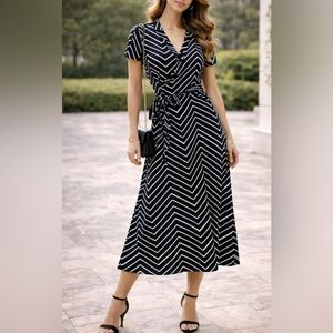 ✨ Covington Petite Black & White Chevron Wrap Midi Dress Size‎ LP ✨
